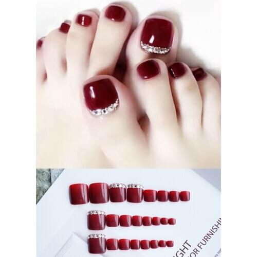 New 24pcs Glue Summer Beauty Toenail Silver Red High Quality Rhinestone Foot False Nail Artificial Nail Art Fake Toe Nail