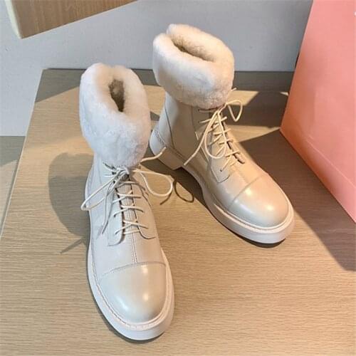PXELENA Brand New Women Wool Fur Snow Boots Genuine Leather Lace Up Chunky Med Heels Platform Winter Warm Shoes Lady 2021 Beige