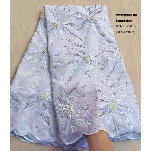 Pure White Soft Embroidery African Swiss Lace Voile Fabric Nigerian Sewing Dress Fashion Wear with Sequins and Beads 5 yards