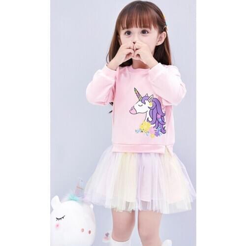 Baby Clothes 2021 New Spring And Autumn Girls Long-Sleeved Dress Cartoon Pony Rainbow Mesh Stitching Sweater Dress 2-8 Year Old