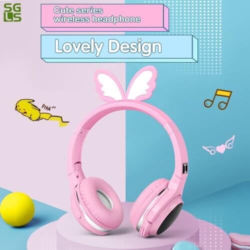 Cute Pink Angel Kids Bluetooth 5.0 Headset LED Headphones support SD Card Audio Cable Headphone for Boy Girl Children Headphones