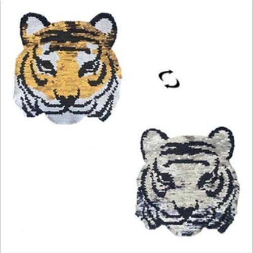 1pcs Tiger Change Color Sequins Patches Embroidered Reversible Badge Fabric Applique