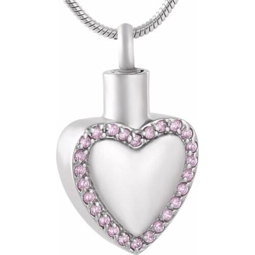 IJD9822 White/Pink Crystal Edge Heart Stainless Steel Cremation Urn Pendant Necklace Women Print Memorial ashes keepsake jewelry
