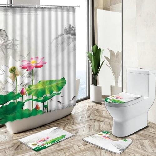 Chinese Lotus Flower Shower Curtain Zen Ink Landscape Painting Art Home Decor Bath Mat Toilet Cover Flannel Bathroom Carpet Set