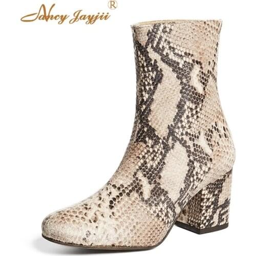 Brown Snake-effect Leather Ankle Boots Snake Print Women Shoe Round Toe Square Heel Dress Autumn/Winter Fashion Popular Casual