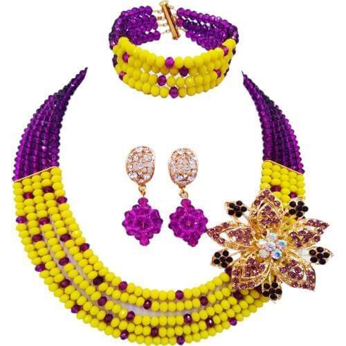 Fashion Purple Yellow Nigerian Wedding Necklace Costume African Beads Jewelry Set Crystal 5L-ZJ032
