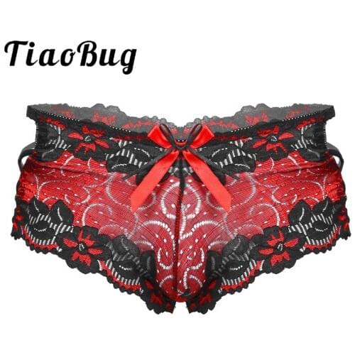 Mens Lingerie Sissy Underwear Low Waist Lace Briefs Bowknot Hollow Out Nightwear Strappy Boxers Underpants Erotic Sissy Panties