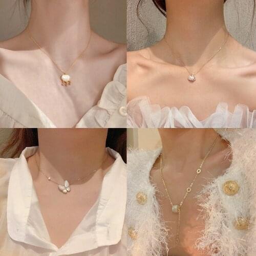 BOTU 2021 New Fashion Korean-Style Fashionable Gold-Plated Bow Pendant Necklace with Zircon Fishtail Shell Ornament for Women