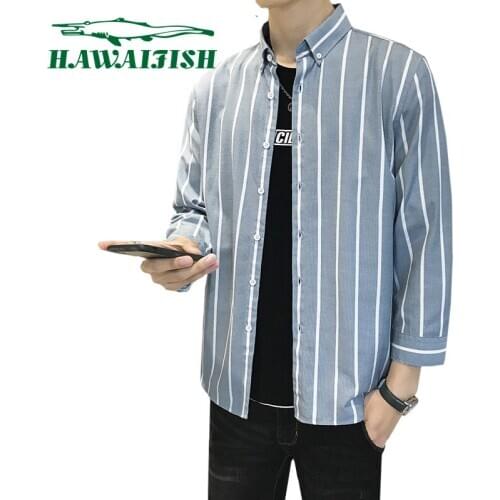 2021 spring and autumn new mens striped shirt Korean casual shirt mens all-match shirt youth handsome jacket 4XL