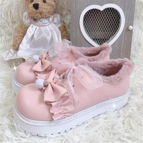 New Winter Warm Lolita Boots Cosplay Sweet Girls Female Kawaii Tea Party Japanese Cute Anime Lolita Shoes Woman Platform Flats