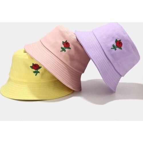 Unisex Cotton Fashion Rose Embroidery Bucket Hat Women Short Brim Summer Outing Casual Sun Hat Mens Fisherman Hat Couple Hat