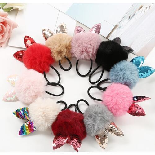 Sale 1PC Fake Rabbit Fur Ball Elastic Hair Band Cute Girls Children Cat EAR POMPOM Hair Rope Hair Accessories