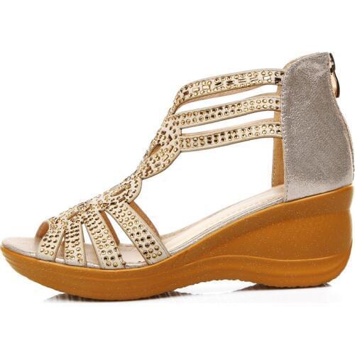 Hollow Out Comfortable Wedged Sandals Womens 2018 Summer Genuine Leather Peep Toe Cowhide Diamond Shoes Female Shoes