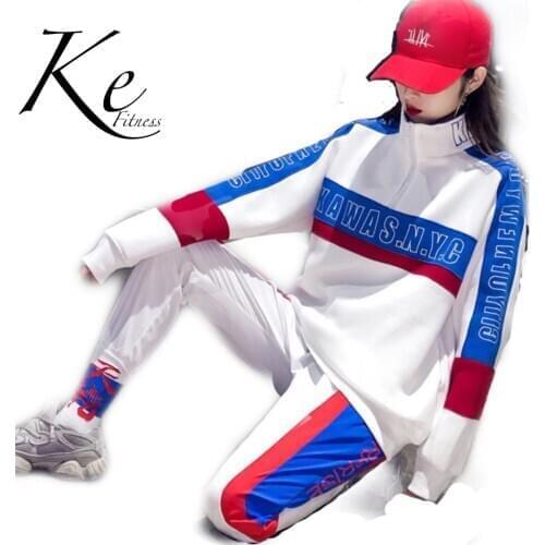 KE 2020 spring new Korean womens stitching letter printing loose casual sports suit hip-hop dance clothes tracksuit Sports wear