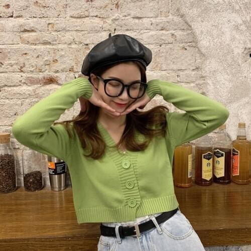 Loose V-neck Long-sleeved Knitted Sweater Women High Waist Single-breasted Solid Color Short Cardigan Sweater Female Autumn 2020