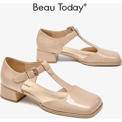 Lolita Shoes Women Patent Leather Square Toe T-Strap Vintage Pumps Buckle Elegant Ladies Block Heel Handmade BeauToday 31204