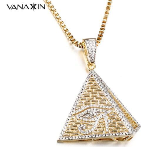 VANAXIN Paved CZ Crystal Iced Out Crystal Evil Eye Pendants Necklaces Egyptian Pyramid Shape Gold/Silver Color Men Women Jewelry