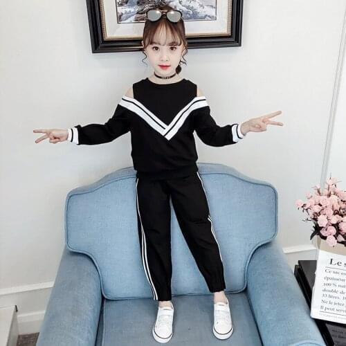 Off The Shoulder Spring Autumn Children Clothes Baby Girls Sweatshirts + Pants Kids Teenagers Tracksuit Sport Suits Outwear High