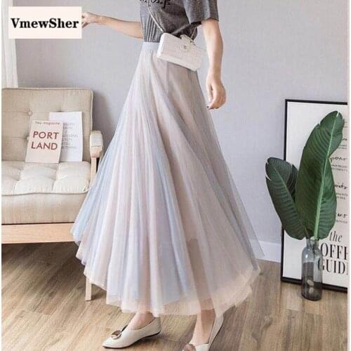 VmewSher New Fashion Spring Summer Women Skirts Mesh 3 Layer Midi-calf Long Lady Elegant Color Block Net Yarn Casual Solid Skirt