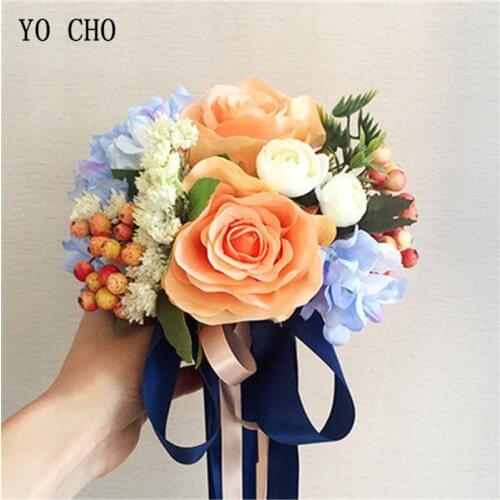 YO CHO Home Decoration Flowers Garden Chair Back Stair Pipes Blue Satin Rose Peony DIY Church Silk Wedding Bridesmaid Bouquets
