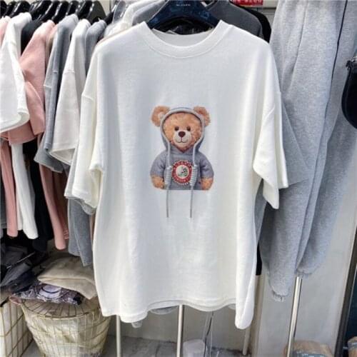 2021 Women Fashion Short Sleeve O-Neck Chic 3D Bear Print Oversize T Shirt Casual Loose Tops Cotton Camiseta Mujer