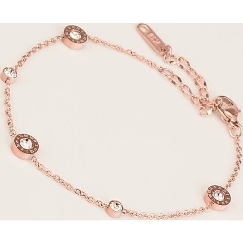18KGP Rose Gold Color Titanium Steel Roman Number AAA Zirconia Bracelet Women Fashion 316L Stainless Bangle Jewelry (GB115)