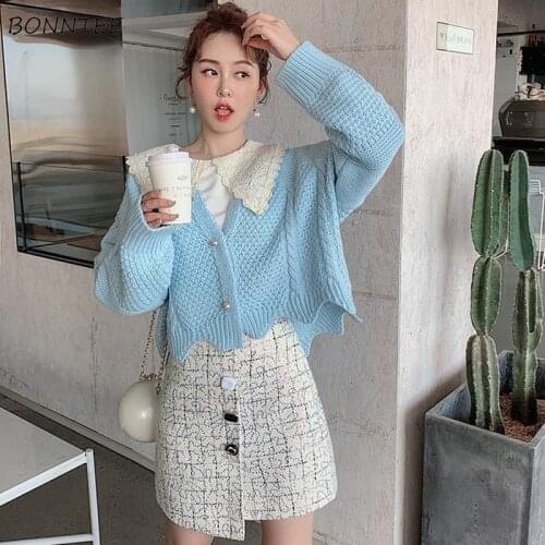 Cardigan Women V-neck Patchwork Full Sleeve Knitting Loose Kawaii Female Leisure Ins Chic Sweater Elegant Soft Lazy Student Fit