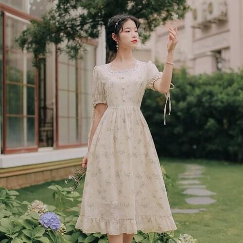 Floral Chiffon Fairy Dress Women Summer French Lace Hollow Square Collar Elegant Bowknot Lace Pearl Single-breasted Sweet Dress