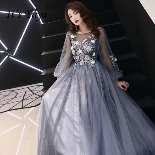 Its YiiYa Evening Dress Illusion Full Appliques Beading Flowers Design Floor length Formal Dresses Long Sleeve Party Gown E064