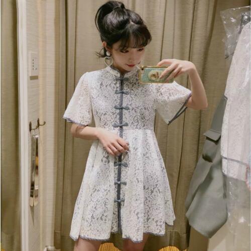 2020 Spring New Korean Style Stand Short Sleeve Lace Vintage Buttonloose Trend Women Summer Dresses Woman Party