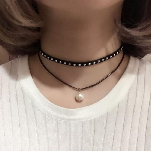 Korean double rivet Pearl Pendant Necklace retro Gothic simple womens neck chain punk Necklace womens collarbone Necklace