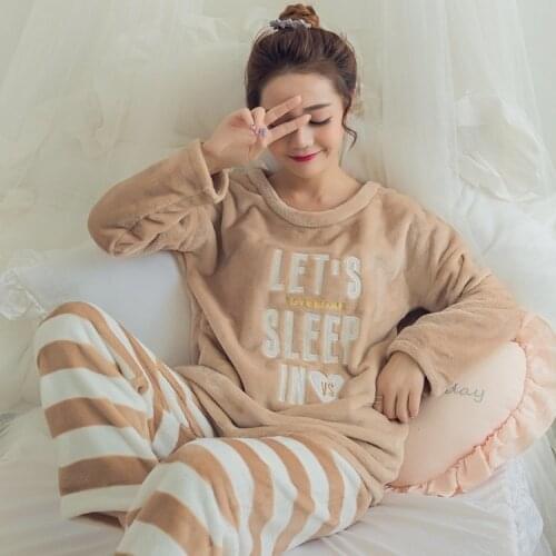 2PC/1set Spring Autumn Women Stripe Soft Coral Velvet Sleepwear Suit Flannel Pajamas Set Ladies Homewear