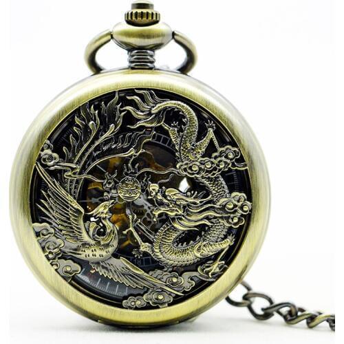 2017 Men Steampunk Skeleton Mechanical Bronze Open Face Retro Pendant Pocket Watch Gift