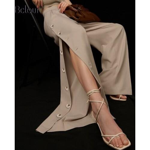 Bclout Khaki Casual High Waist Wide Leg Pants 2021 Spring Autumn Oversize Long Pants Women Chic Buttons Trousers Clothes Lady