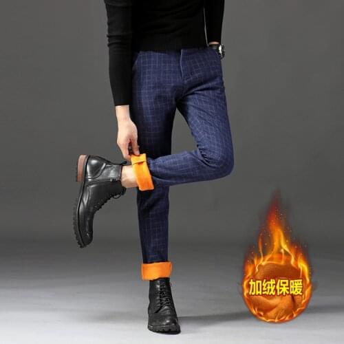 Winter Pants Men Fleece Warm Velvet Casual Dress Pants Male Skinny Slim Fit Thick Mens Classic Trousers Stretch Long Plaid Pants