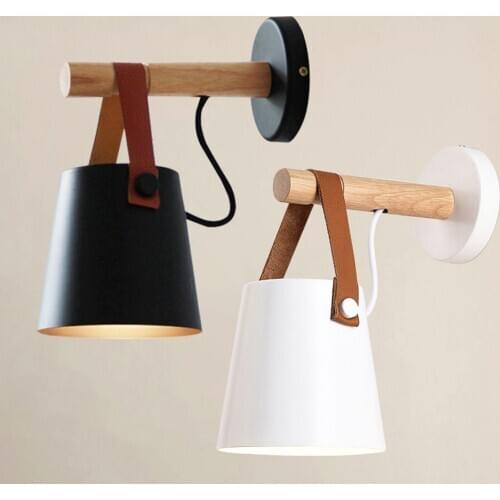 Wood-Wall-Light Bedroom Beside LED Light Black & White Modern Wall Lamp Nordic Style Wood Wall Sconce with Leather Belt Decor