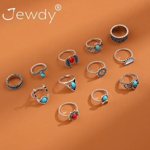 Red GreenTurquoise Wings Boho Rings Set For Woman Vintage Sun Flower Totem Jewelry 12Pcs Fashion Harajuku Party Knuckle Ring