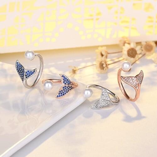 Cute Lovely Whale Tail Rings For Women Blue Crystal Pearl Romantic Engagement Ring Jewelry Trendy Wedding Accessories Open Rings