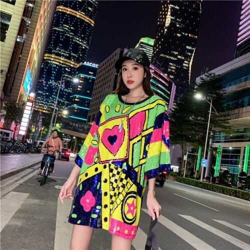 New Womens T-Shirt Dress Summer Fashion Sequined Embroidery Mesh Loose Tees Plus Size Tops Female Short-Sleeved Long TShirt