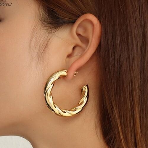 Large twist rope chunky chubby earring for women stainless steel gold bold tube C hoop earring statement lightweight empty simpl