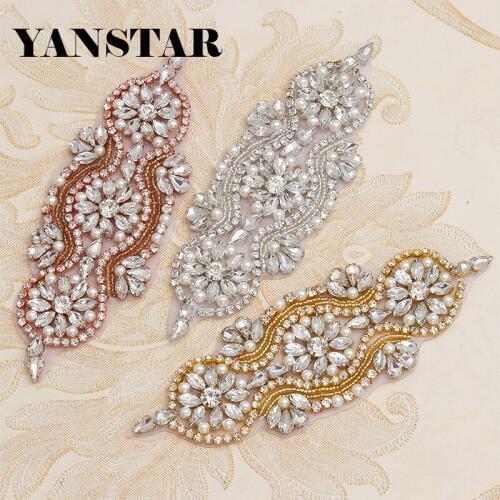 YANSTAR (10pcs) Wholesale Hand Beaded Rhinestones Appliques Bead Sew On Bridal Dress Sash DIY YS842