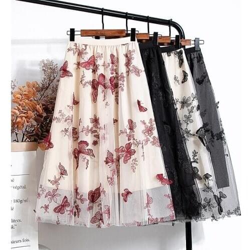 Woman Skirts Elegant Vintage Butterfly Embroidered A-Line Mesh Midi Skirt Elastic High Waist Summer Skirts Womens 2020 Clothes