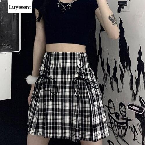 Dark Lolita Women Plaid Empire Skirt 2021 Summer Lady Contrast Color Lace-up Eyelet Mini Skirts Gothic Jk Student Streetwear