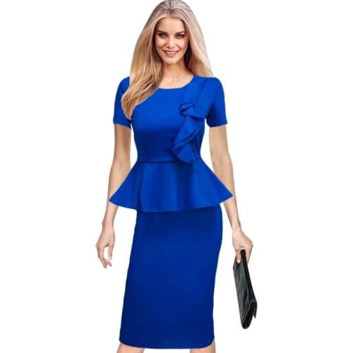 Womens round Neck Ruffle Short Sleeve Slim-Fit Hip Dress Pencil Skirt