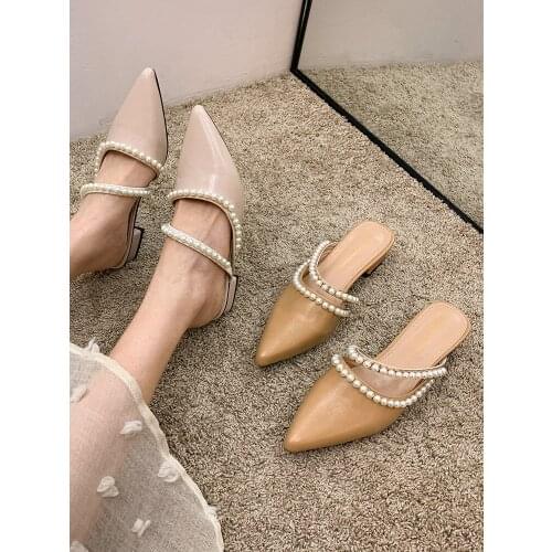 Womens Shoes Muller Shoes 2021 New Spring Fashion Pointed Square Heel Pearl Casual Outdoor Slippers Shoes for Women
