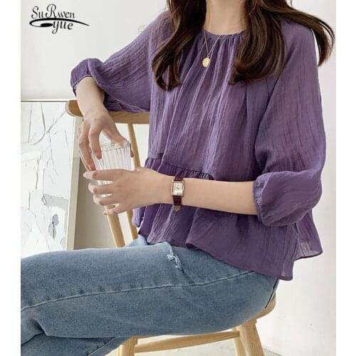 2021 Elegant O-Neck Women Blouse Ruffled Summer Pleated Chiffon Shirts Sweet Korean Loose Top Female Short Sleeve Blusas 15455