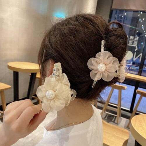 Organza flower catch clip fashion crystal pearl hair catch shark chuck hair barrette hairpin net red hot style