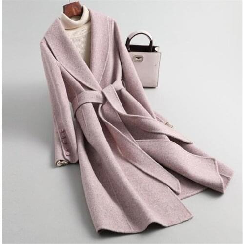 Women new fashion adjustable waist wool twill grains overcoat double face woolen coat wide loose sashes long style S-XL