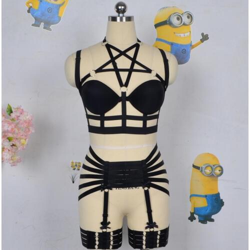 Women black Harness cage bra Gothic Harajuku sexy lingerie Cage Back complex Garters belt Pentagram body harness bra Leg garters