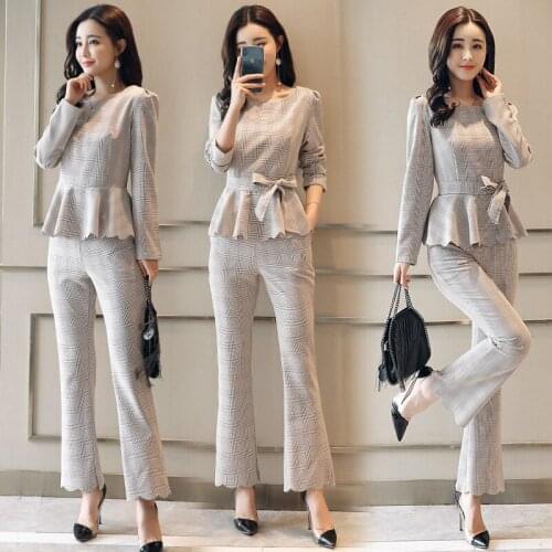 Spring Autumn Business Office Wear Pant Suits Women Pants Suit womens sets Formal Plaid T-shirts and Flare pants 2 Pieces Set